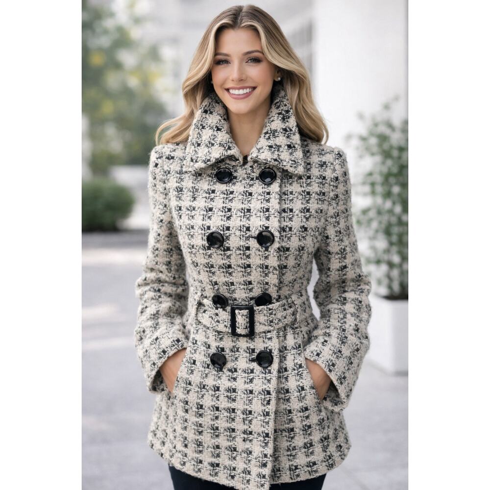 White House Black Market Tweed Belted Jacket Size XS Black White Double Breasted